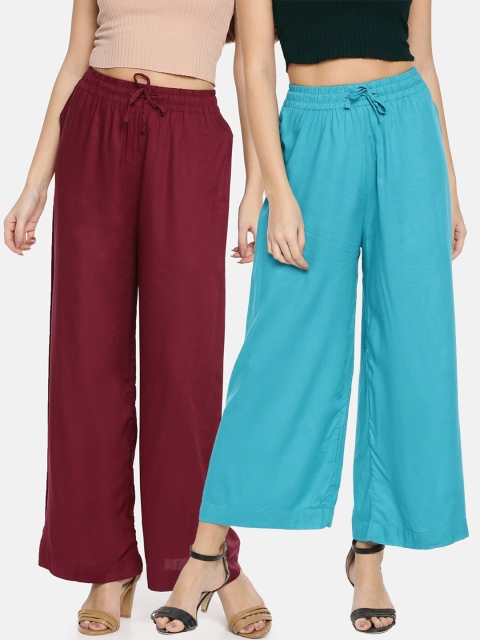 

TWIN BIRDS Women Pack Of 2 Burgundy & Turquoise Blue Palazzos