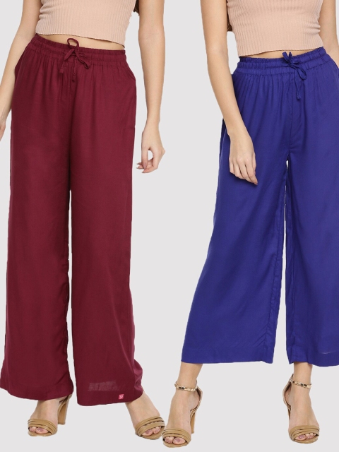 

TWIN BIRDS Women Pack Of 2 Burgundy & Blue Palazzos