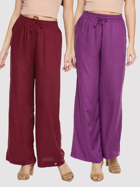 

TWIN BIRDS Women Pack Of 2 Burgundy & Violet Palazzos