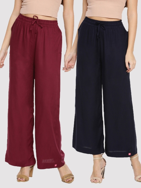 

TWIN BIRDS Women Pack Of 2 Burgundy & Black Palazzos