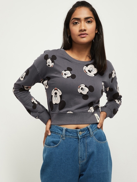 

max Women Grey Mickey Mouse Printed Pure Cotton Crop Sweatshirt