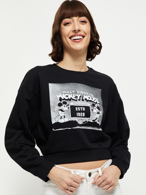 

max Women Black Mickey Mouse Printed Pure Cotton Crop Sweatshirt