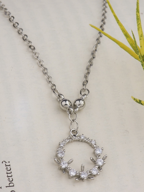 

Alankruthi Rhodium-Plated Silver-Toned & White CZ-Studded Handcrafted Circular Pendant with Chain