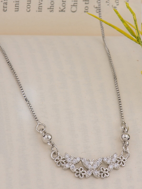 

Alankruthi Rhodium-Plated Silver-Toned & White CZ-Studded Butterfly Pendant with Chain