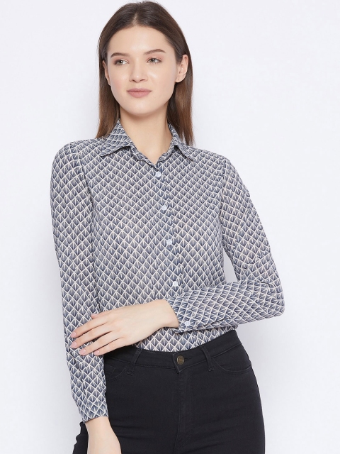 

PURYS Women Off White & Navy Blue Standard Semi Sheer Printed Casual Shirt