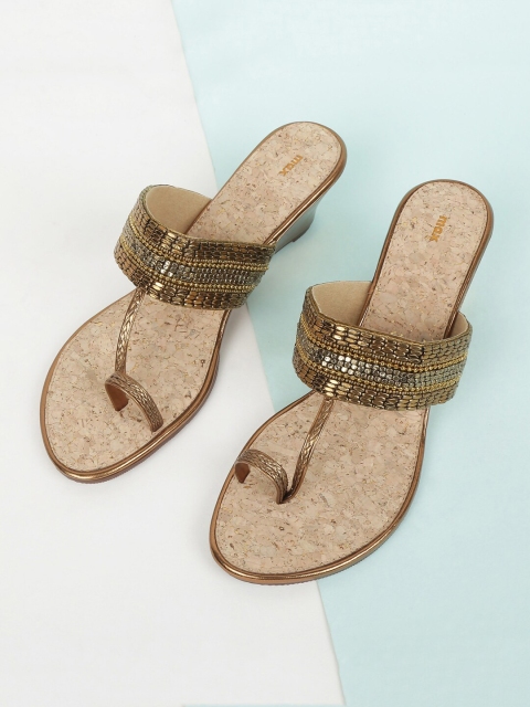 

max Gold-Toned Embellished PU Ethnic Wedge Sandals