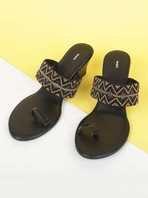 

max Women Black & Gold-Toned Embellished PU Wedge Sandals