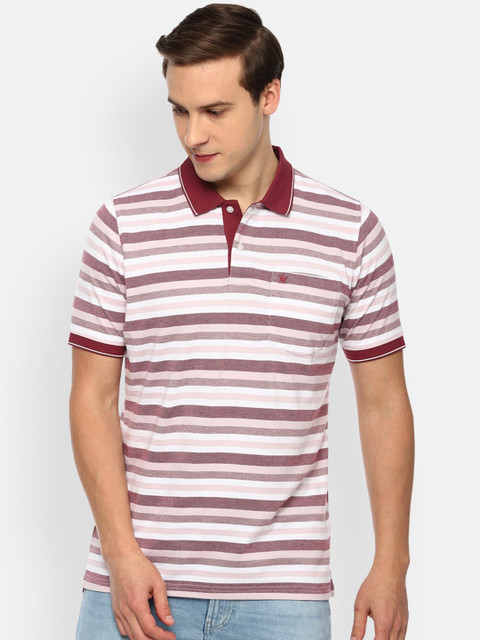 

Louis Philippe Men White & Maroon Striped Polo Collar Pockets Pure Cotton T-shirt