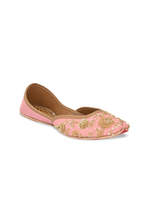 

Sringam Women Pink Embellished Leather Ethnic Mojari Flats