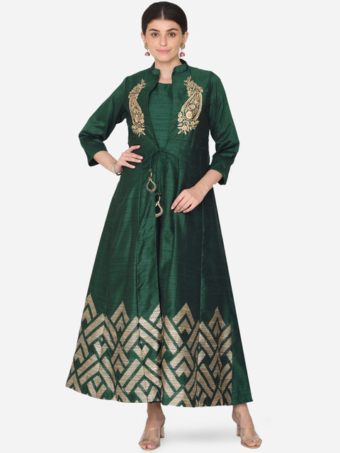 

BOMBAY SELECTIONS Women Green Embroidered Raw Silk Kurta with Trousers & Jacket