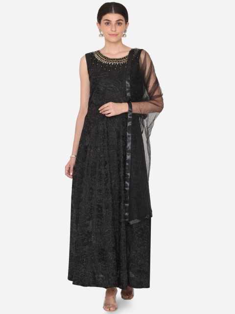 

BOMBAY SELECTIONS Women Black Embellished Kurta with Churidar & Dupatta