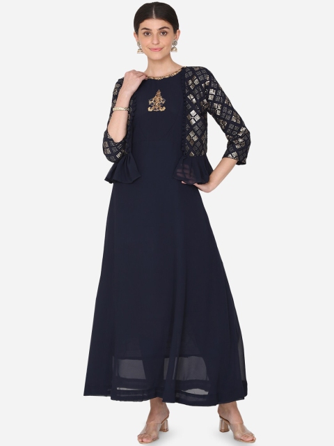 

BOMBAY SELECTIONS Women Navy Blue Embellished Kurta with Trousers & Jacket