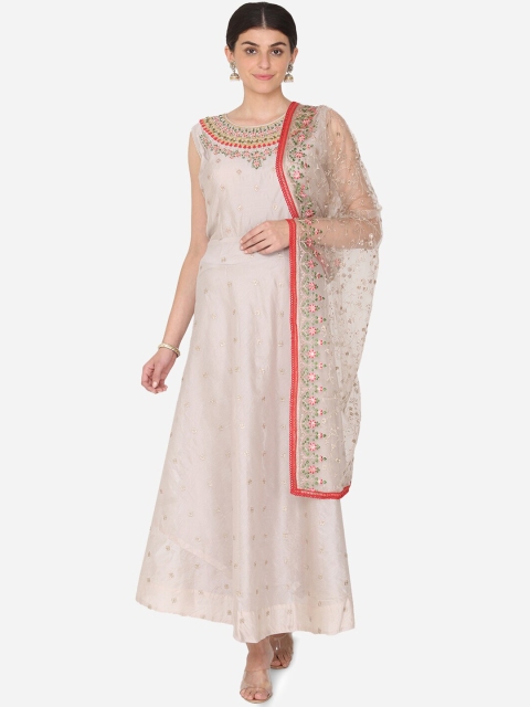 

BOMBAY SELECTIONS Women Grey Ethnic Motifs Embroidered Kurta with Churidar & Dupatta
