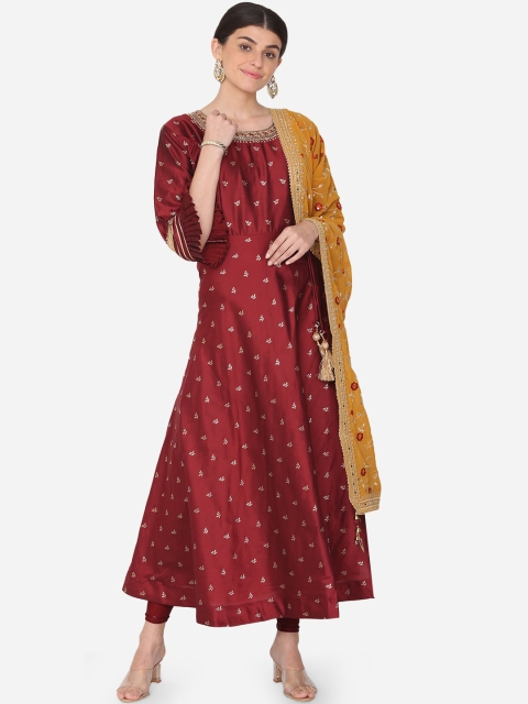 

BOMBAY SELECTIONS Women Maroon & Yellow Embroidered Kurta with Churidar & Dupatta