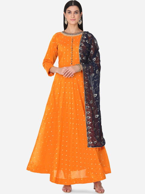 

BOMBAY SELECTIONS Mustard & Black Embroidered Anarkali Kurta with Churidhar & Dupatta