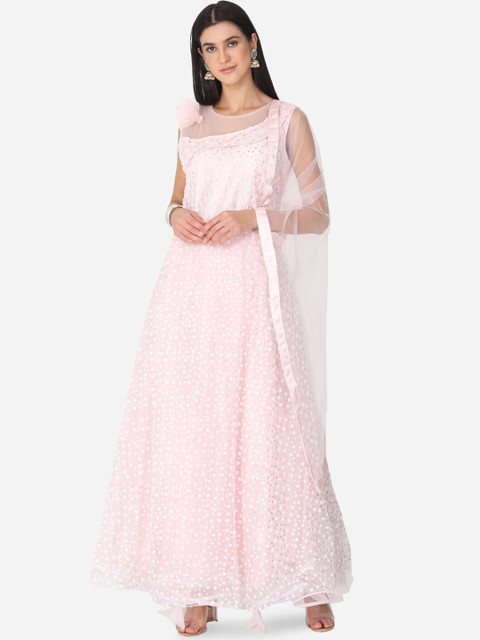 

BOMBAY SELECTIONS Women Pink & Silver-Toned Embellished A-Line Kurta with Dupatta
