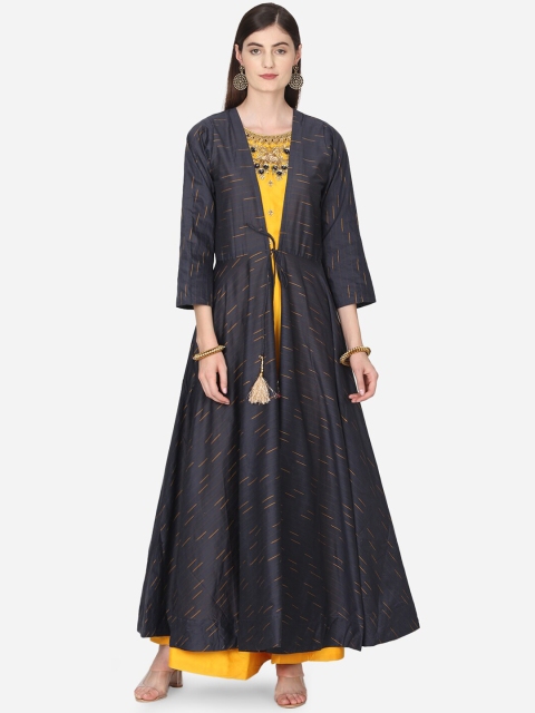 

BOMBAY SELECTIONS Yellow & Black Floral Embroidered A-Line Kurta with Churidar & Jacket