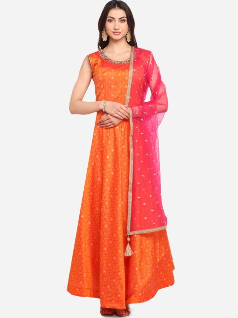 

BOMBAY SELECTIONS Women Orange & Pink Woven Designed Kurta with Churidar & Dupatta