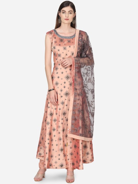 

BOMBAY SELECTIONS Women Peach-Coloured Printed & Embellished Kurta with Churidar & Dupatta