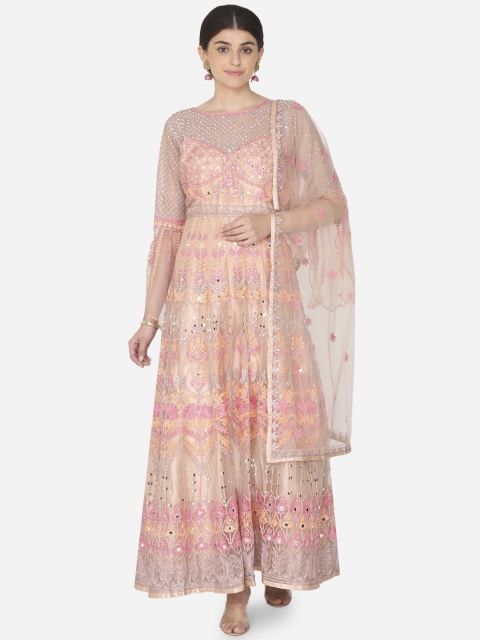 

BOMBAY SELECTIONS Peach-Coloured Ethnic Motifs Embroidered Kurta with Churidar & Dupatta