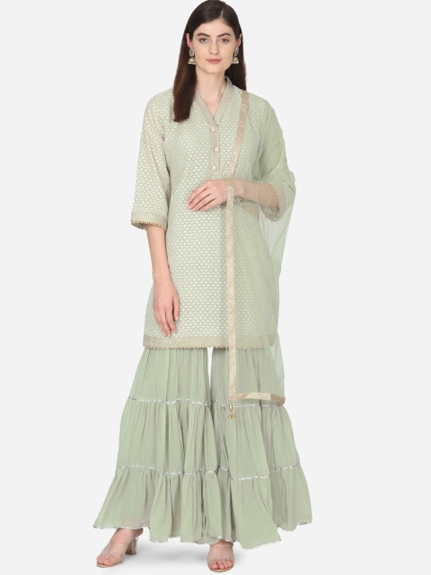 

BOMBAY SELECTIONS Women Green Embroidered Georgette Regular Kurta with Sharara & Dupatta