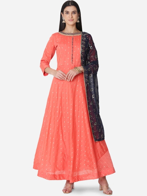 

BOMBAY SELECTIONS Women Coral Embroidered Regular Chanderi Silk Kurti with Trousers