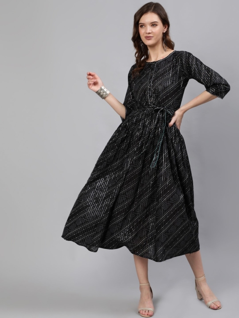 

Nayo Black Ethnic Motifs Printed Fit & Flare Midi Dress
