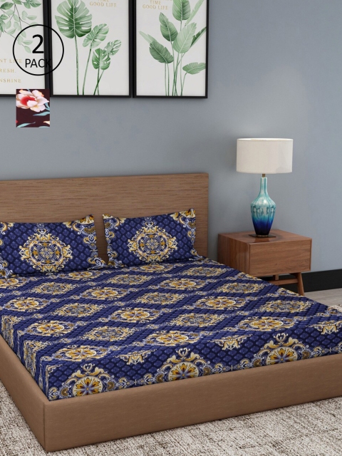

NEUDIS Blue & Burgundy Floral 180 TC 2 Queen Bedsheets with 4 Pillow Covers