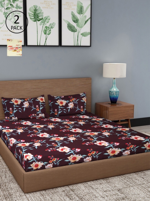 

NEUDIS Burgundy & Yellow Floral 180 TC 2 Queen Bedsheets with 4 Pillow Covers
