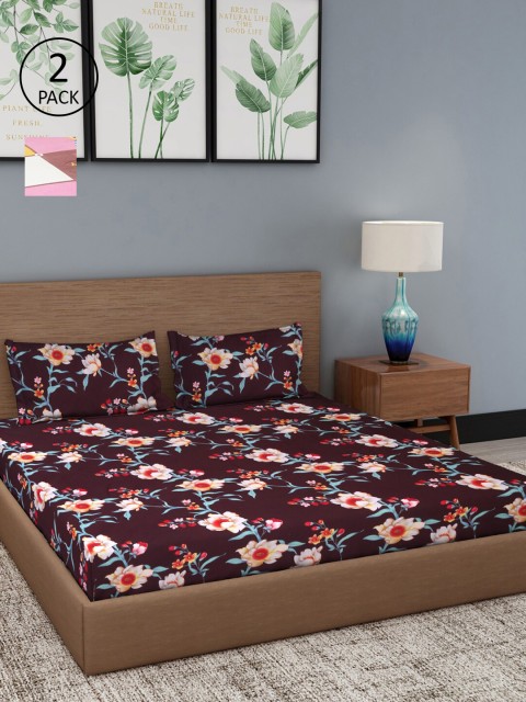 

NEUDIS Burgundy & Pink Floral 180 TC 2 Queen Bedsheets with 4 Pillow Covers