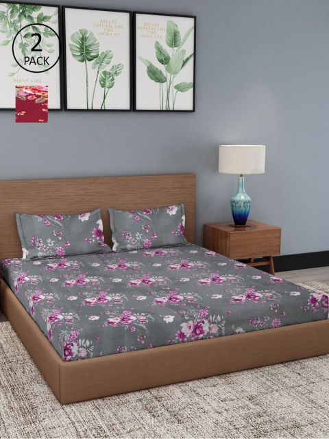 

NEUDIS Maroon & Grey Floral 180 TC 2 Queen Bedsheets with 4 Pillow Covers