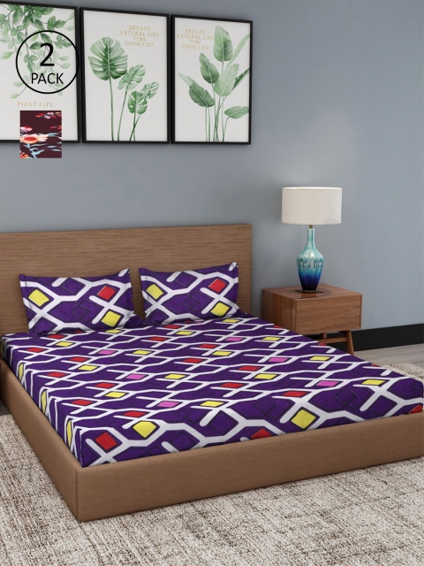 

NEUDIS Burgundy & Violet Floral 180 TC 2 Queen Bedsheets with 4 Pillow Covers