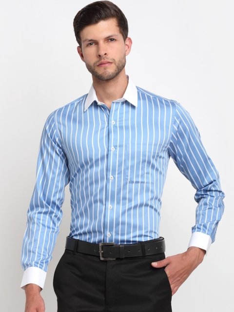 

FINNOY Men Blue Opaque Striped Giza Cotton Formal Shirt