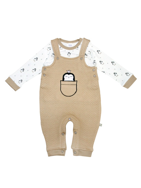 

Moms Love Infant Boys White & Beige Cotton Printed T-shirt with Dungarees