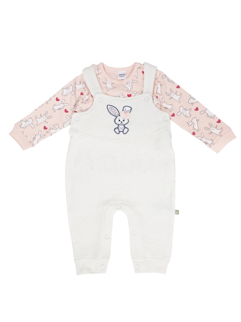 

Moms Love Infant Girls Peach-Coloured & White Cotton Printed T-shirt with Dungarees