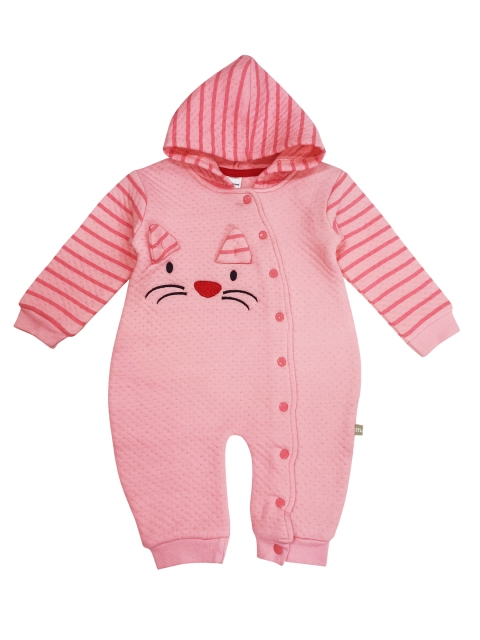 

Moms Love Infant Girls Pink Cotton Self-Design Hooded Rompers