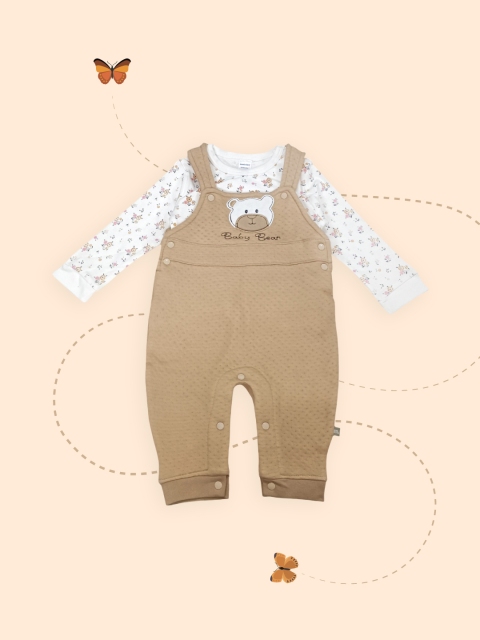 

Moms Love Infant Girls White & Beige Cotton Printed T-shirt with Dungarees
