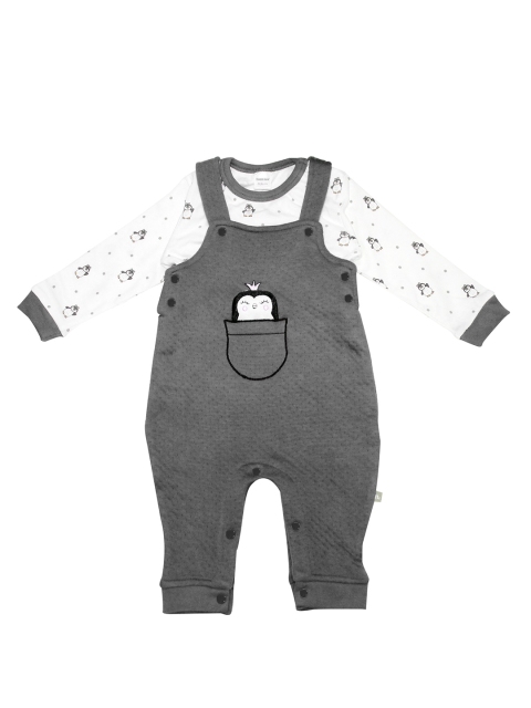 

Moms Love Infant Boys White & Charcoal Grey Cotton Printed T-shirt with Dungarees