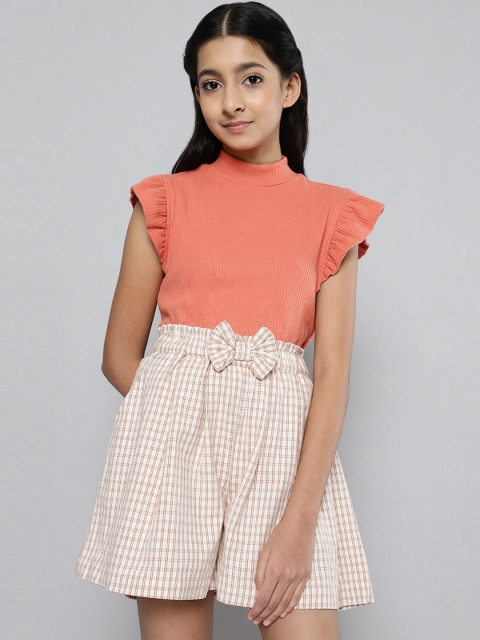 

JUSTICE Girls Off-White & Brown Checked Mid-Rise Cotton Regular Shorts