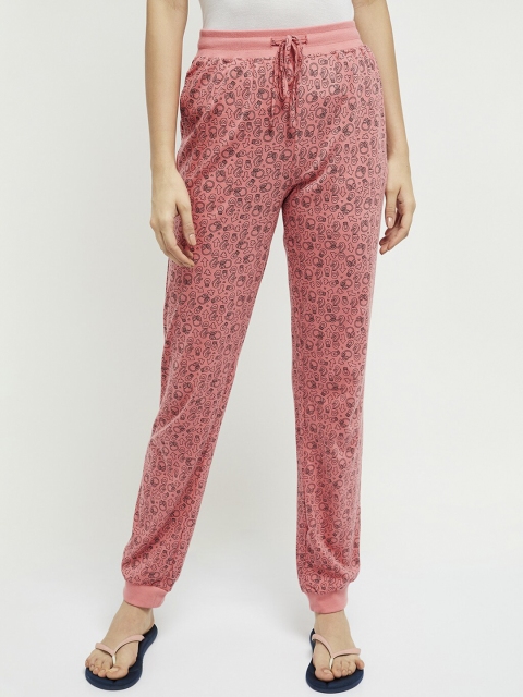 

max Women Coral Pink & Black Pure Cotton Printed Lounge Pants