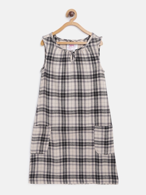 

JUSTICE Girls Beige & Black Cotton Checked A-Line Dress