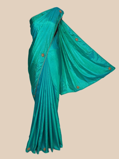 

The Chennai Silks Turquoise Blue Ethnic Motifs Beads and Stones Saree