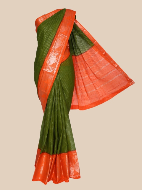 

The Chennai Silks Green & Orange Checked Pure Cotton Sungudi Saree