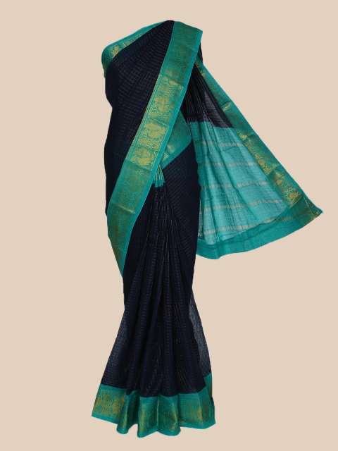 

The Chennai Silks Navy Blue & Teal Checked Pure Cotton Sungudi Saree