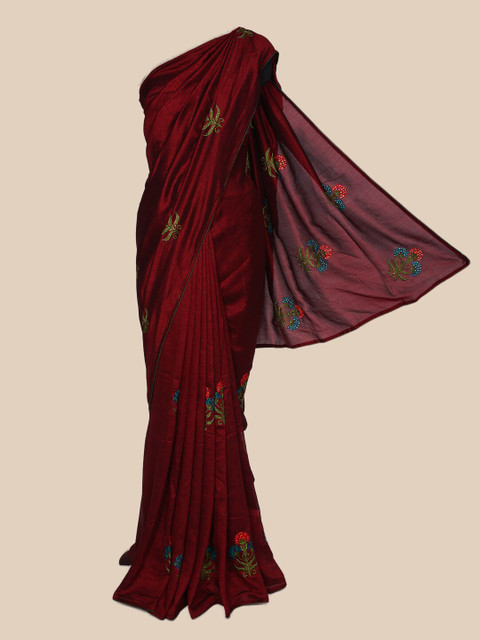 

The Chennai Silks Maroon & Green Ethnic Motifs Beads and Stones Jute Cotton Saree