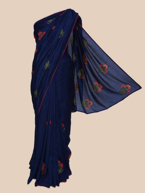 

The Chennai Silks Navy Blue & Red Ethnic Motifs Beads and Stones Jute Cotton Saree