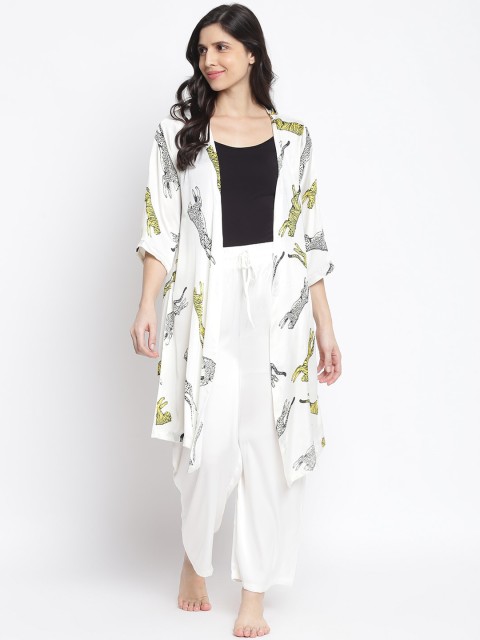 

Organza Women White & Yellow Printed Satin Night suit