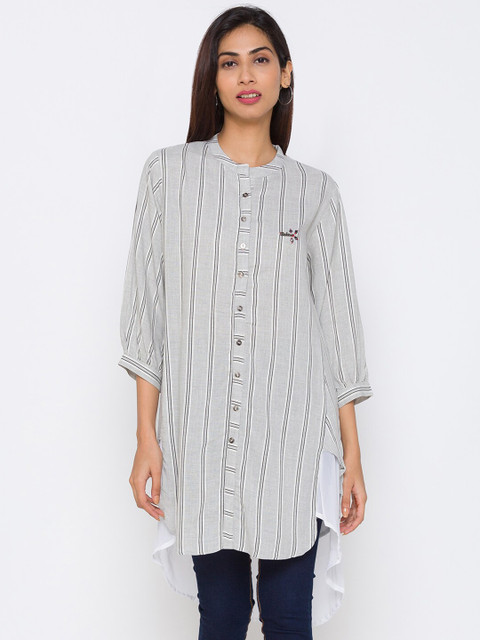

ZOLA Women Grey Striped Mandarin Collar Shirt Style Longline Top