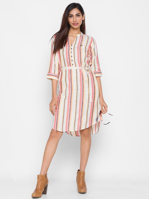 

ZOLA Women White & Peach Striped Shirt Style Dress