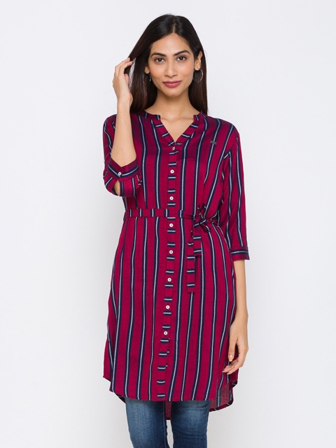 

ZOLA Maroon Striped Shirt Style Longline Top